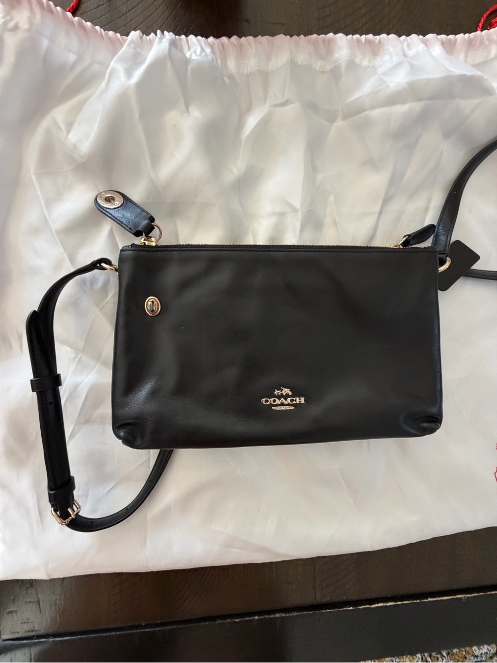 Coach Black Leather Double-Pouch Crossbody with Gold Hardware